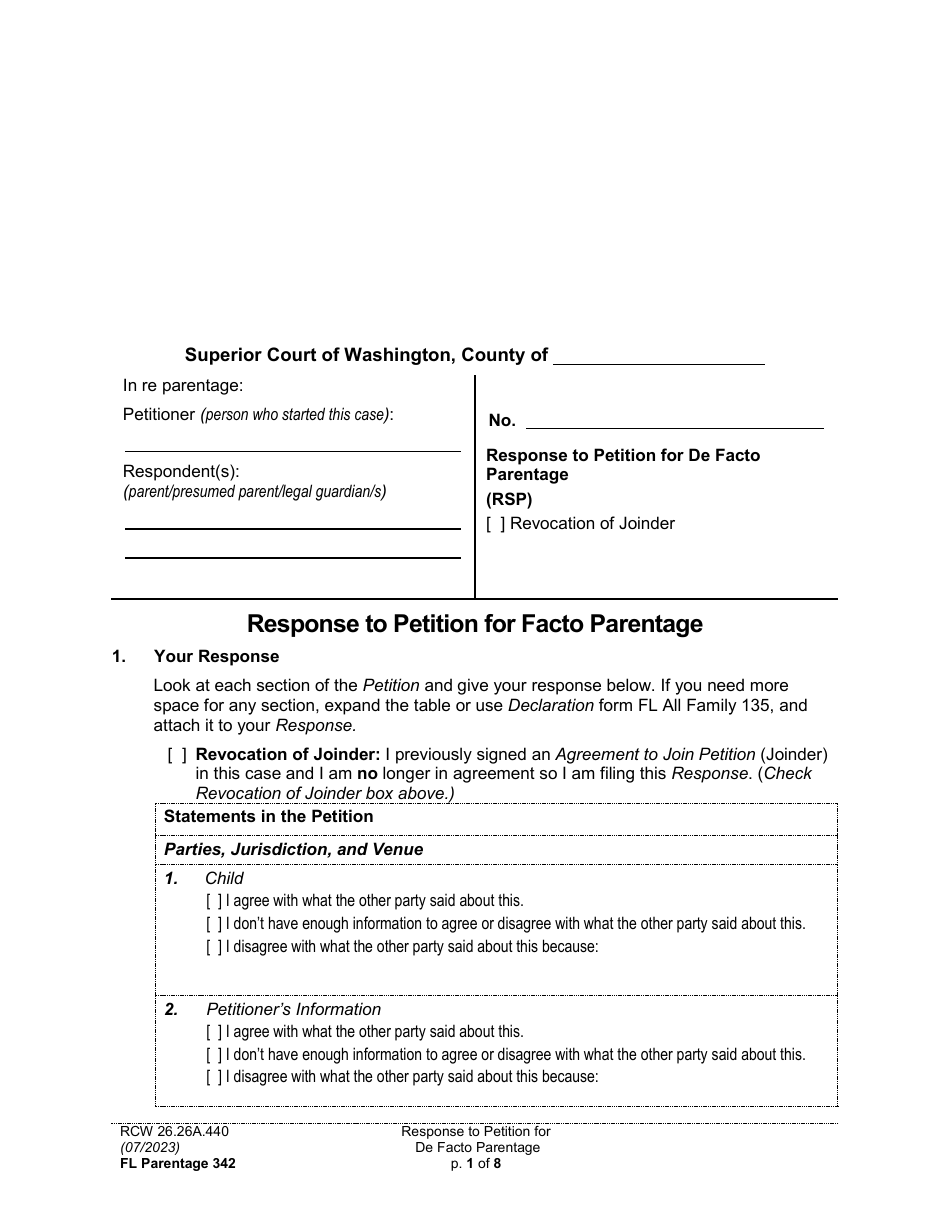 Form FL Parentage342 Response to Petition for Facto Parentage - Washington, Page 1