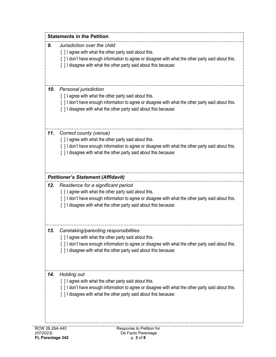 Form FL Parentage342 Response to Petition for Facto Parentage - Washington, Page 3