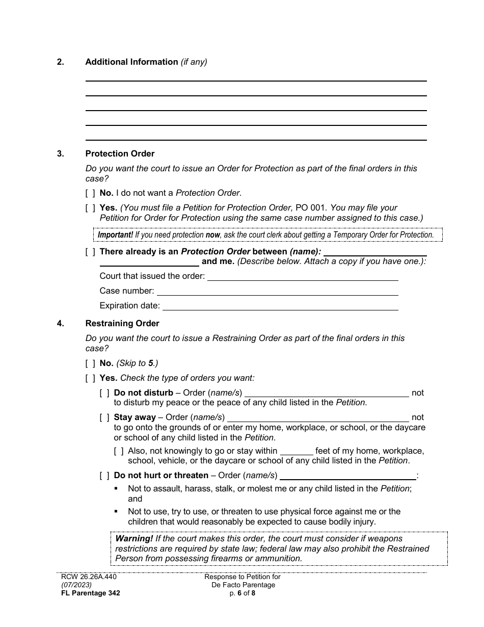 Form FL Parentage342 Response to Petition for Facto Parentage - Washington, Page 6