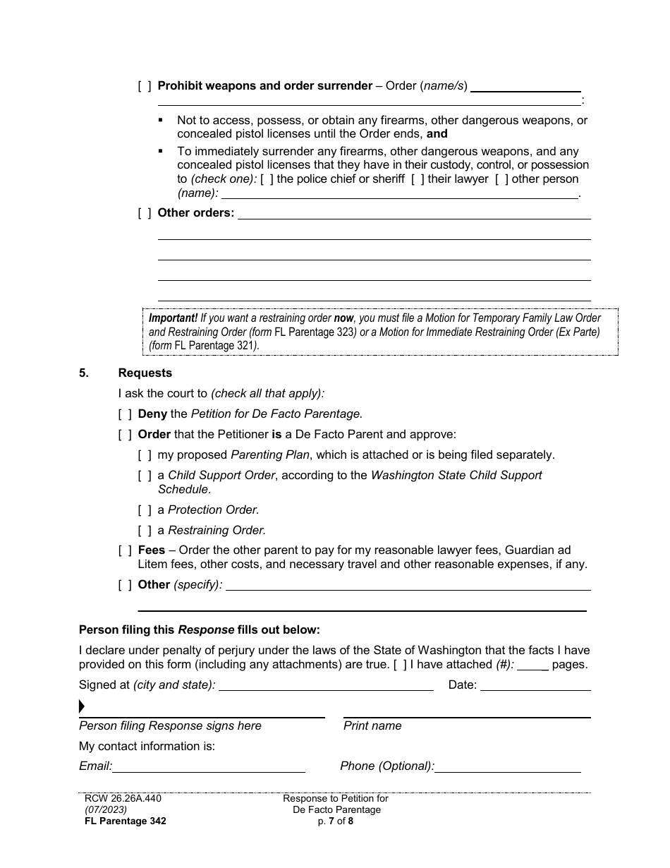 Form FL Parentage342 Response to Petition for Facto Parentage - Washington, Page 7