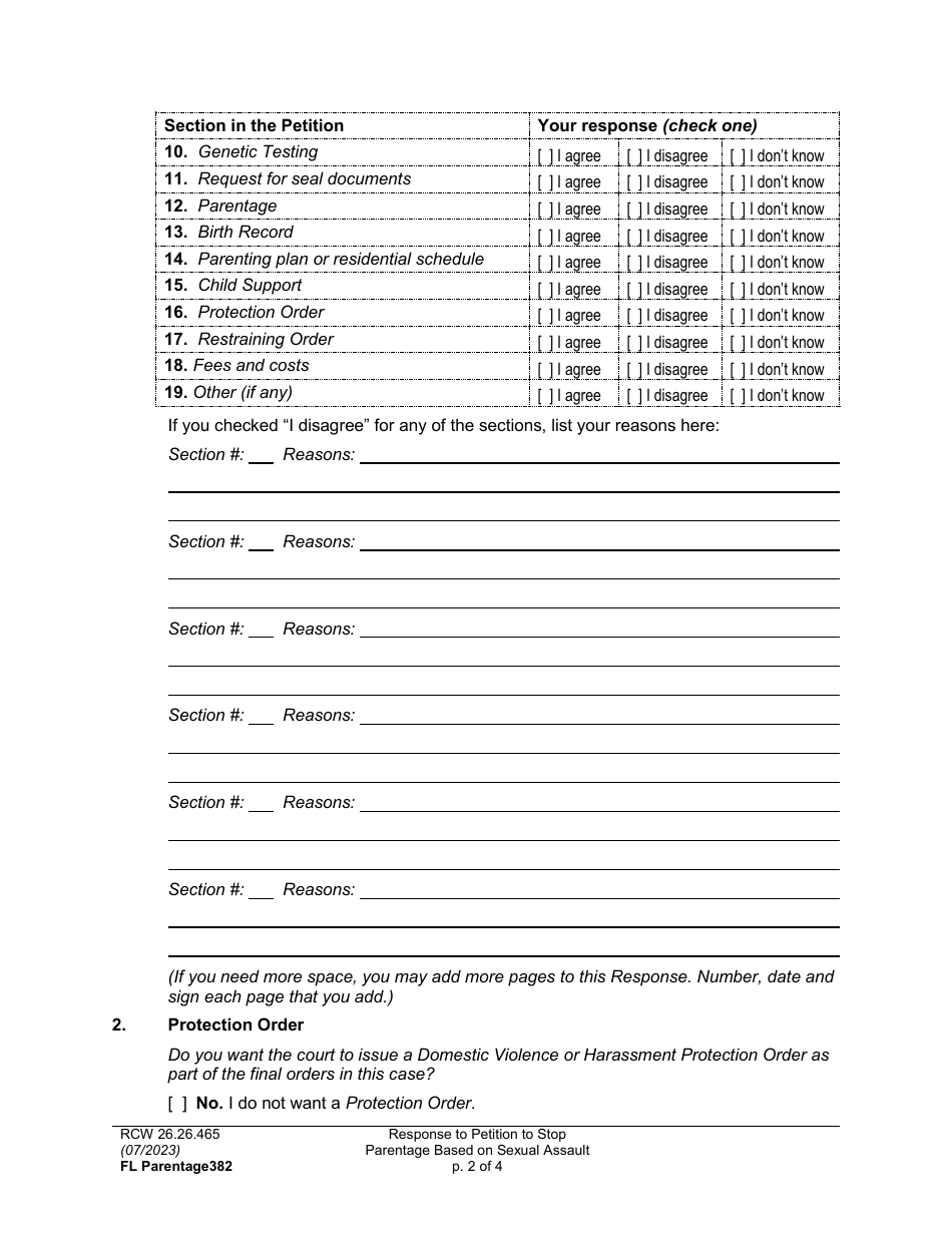 Form FL Parentage382 Response to Petition to Stop Parentage Based on Sexual Assault - Washington, Page 2