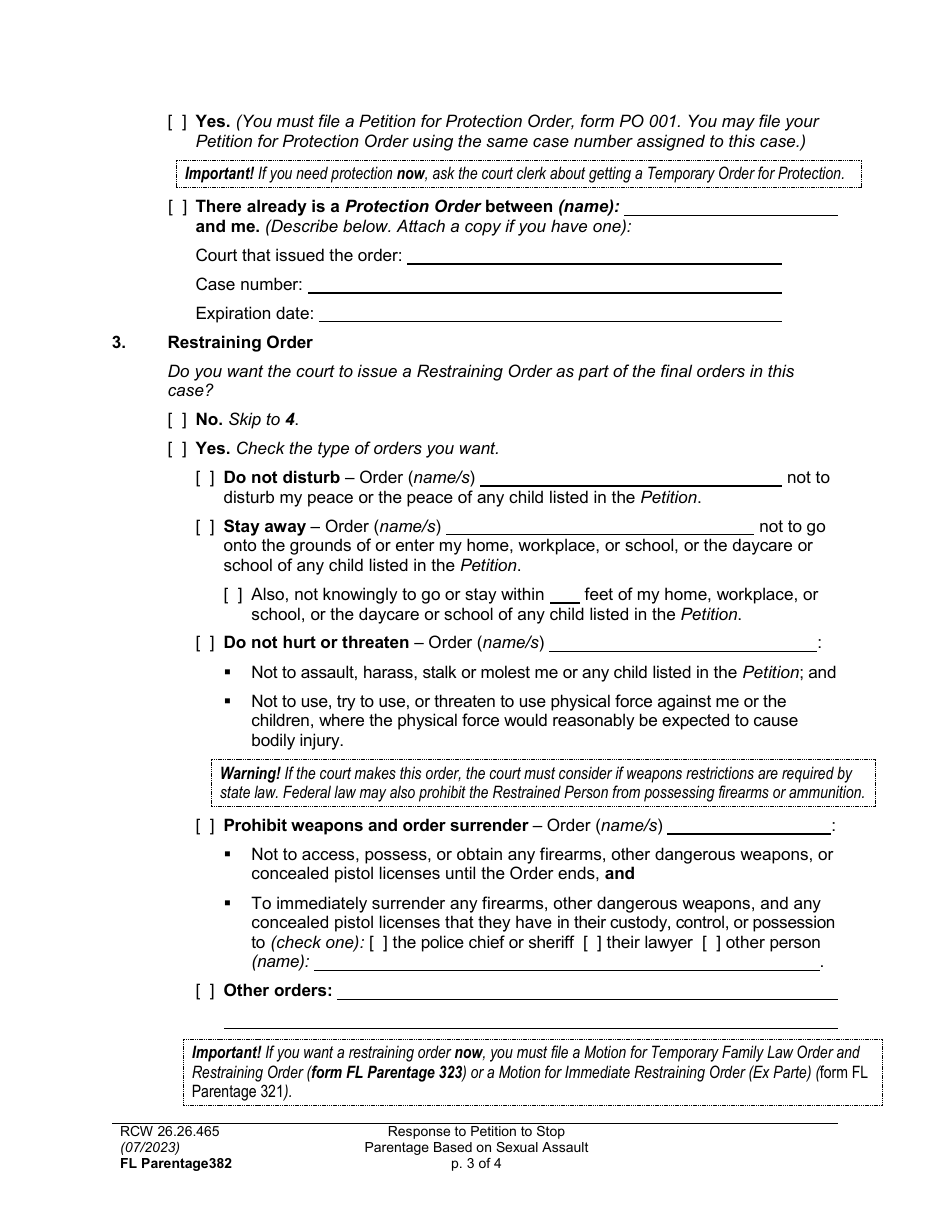 Form FL Parentage382 Response to Petition to Stop Parentage Based on Sexual Assault - Washington, Page 3