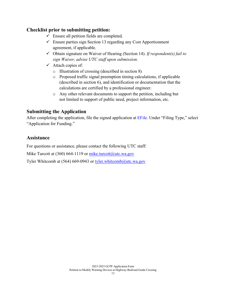 Petition to Modify Warning Devices at a Highway-Railroad Grade Crossing and Requesting Disbursement of Funds From the Grade Crossing Protective Fund - Washington, Page 12