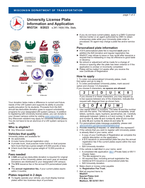 Form MV2724 University License Plate Application - Wisconsin