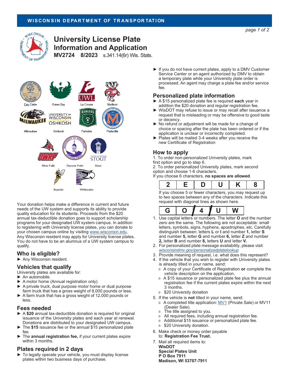Form MV2724 University License Plate Application - Wisconsin, Page 1