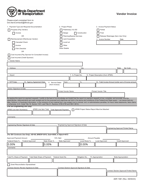 Form AER1961 Vendor Invoice - Illinois