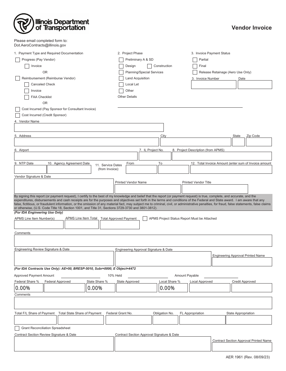 Form AER1961 Vendor Invoice - Illinois, Page 1