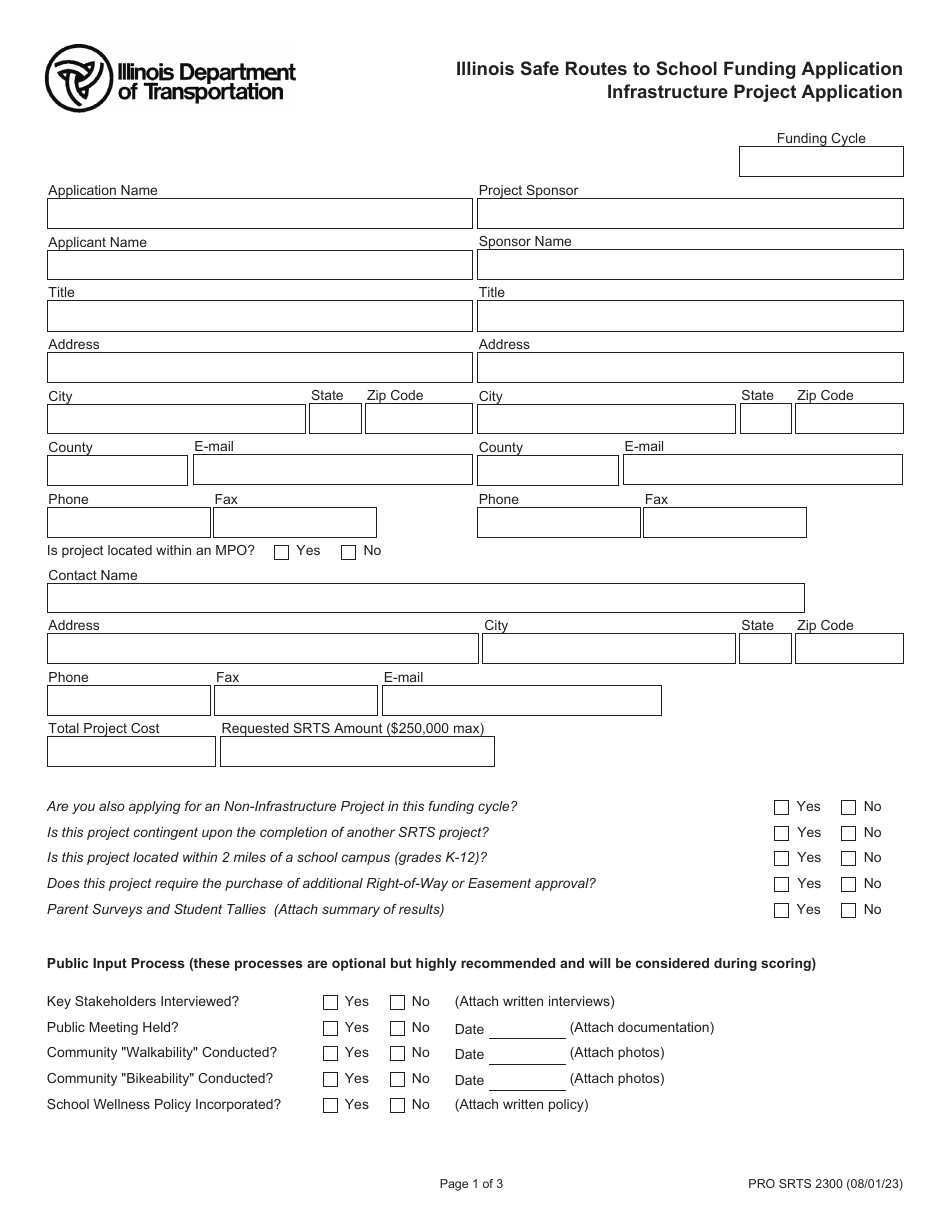 Form PRO SRTS2300 Illinois Safe Routes to School Funding Application - Infrastructure Project Application - Illinois, Page 1