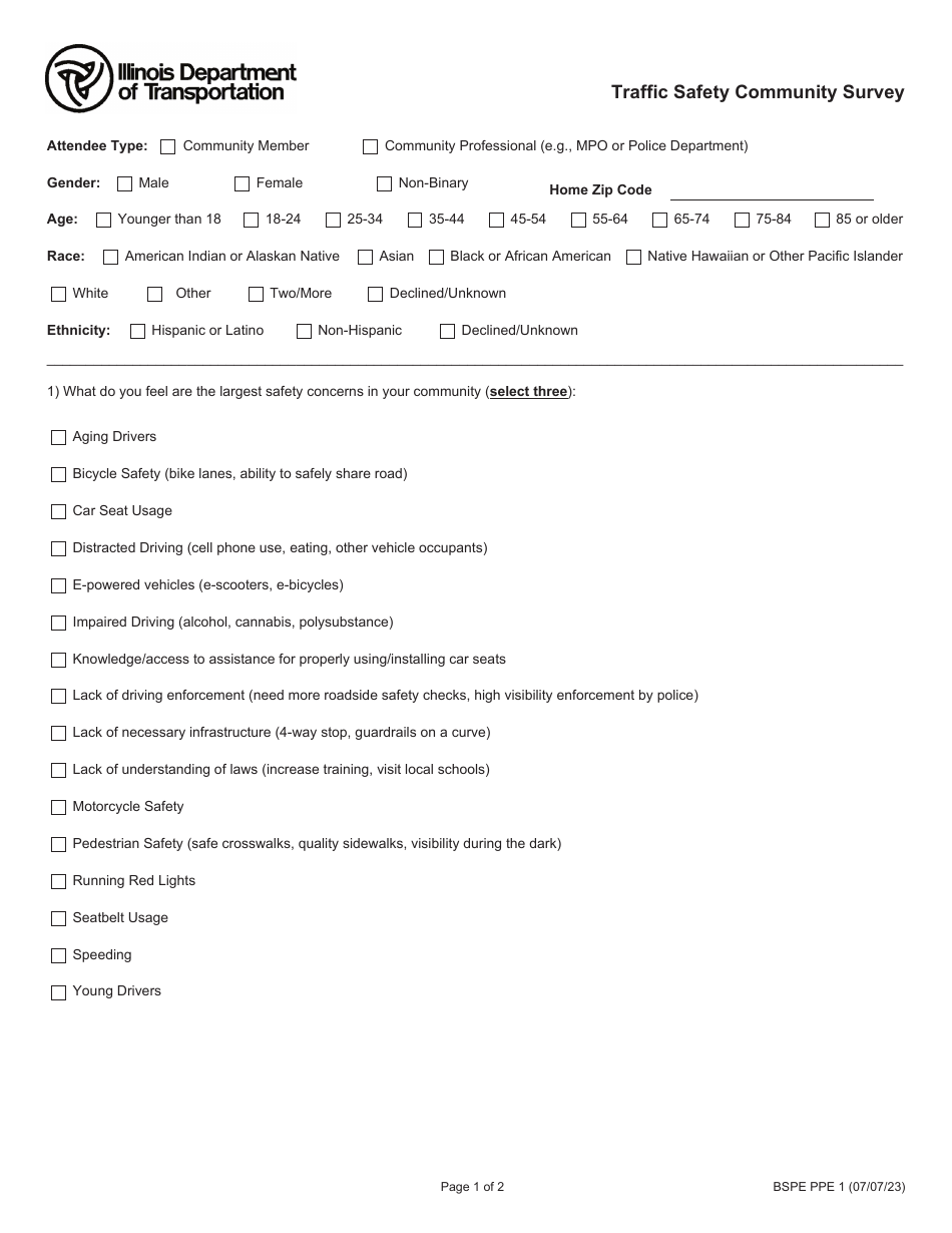 Form BSPE PPE1 Traffic Safety Community Survey - Illinois, Page 1