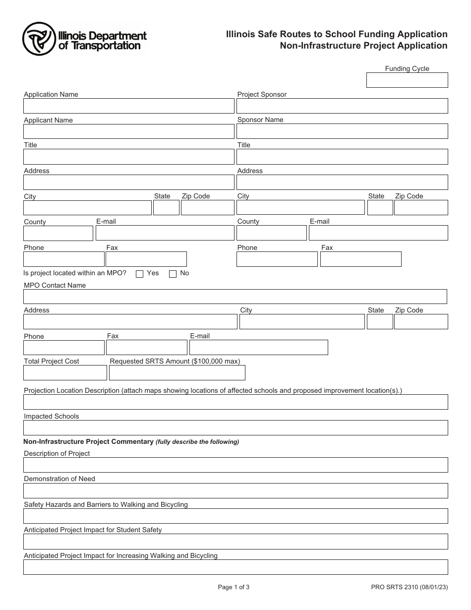 Form PRO SRTS2310 Illinois Safe Routes to School Funding Application - Non-infrastructure Project Application - Illinois, Page 1