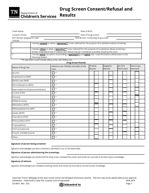 Form CS-0831 Drug Screen Consent/Refusal and Results - Tennessee