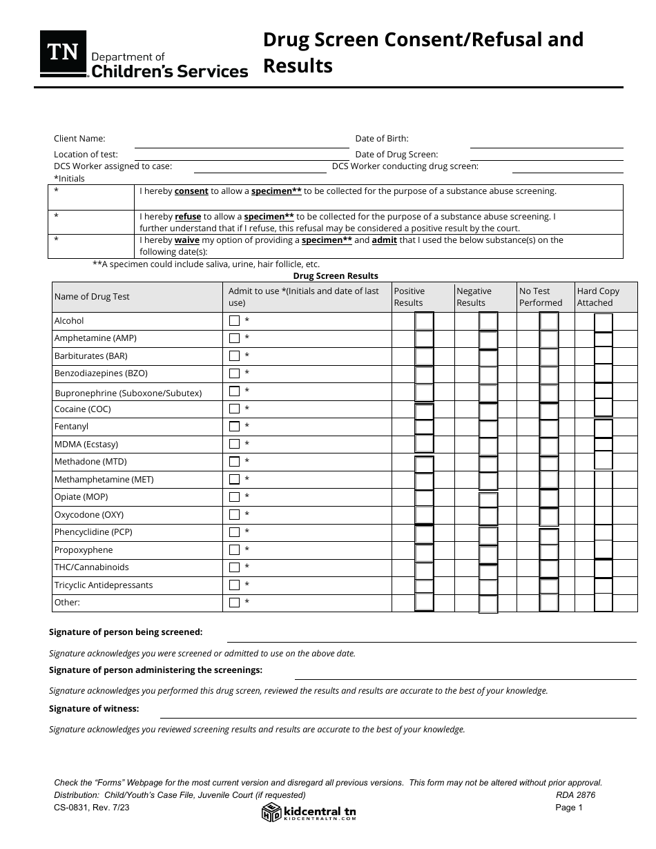 Form CS-0831 Drug Screen Consent / Refusal and Results - Tennessee, Page 1