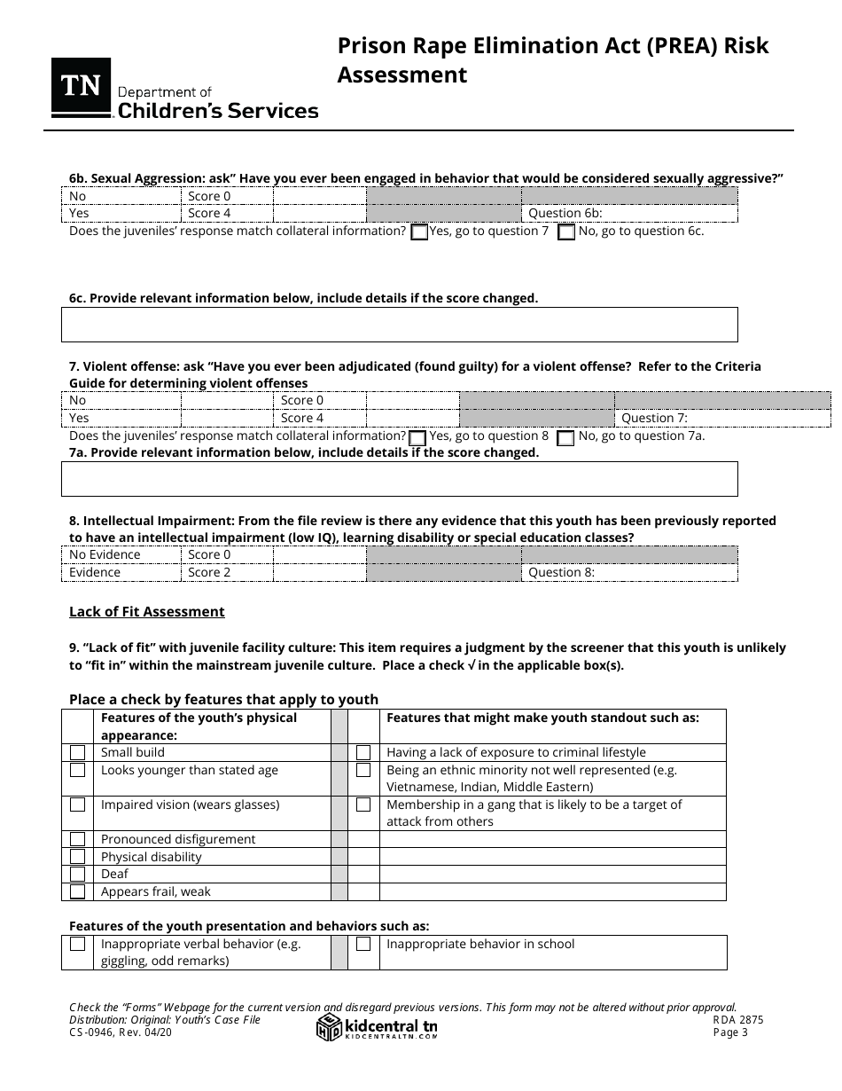 Form CS-0946 Prison Rape Elimination Act (Prea) Risk Assessment - Tennessee, Page 3