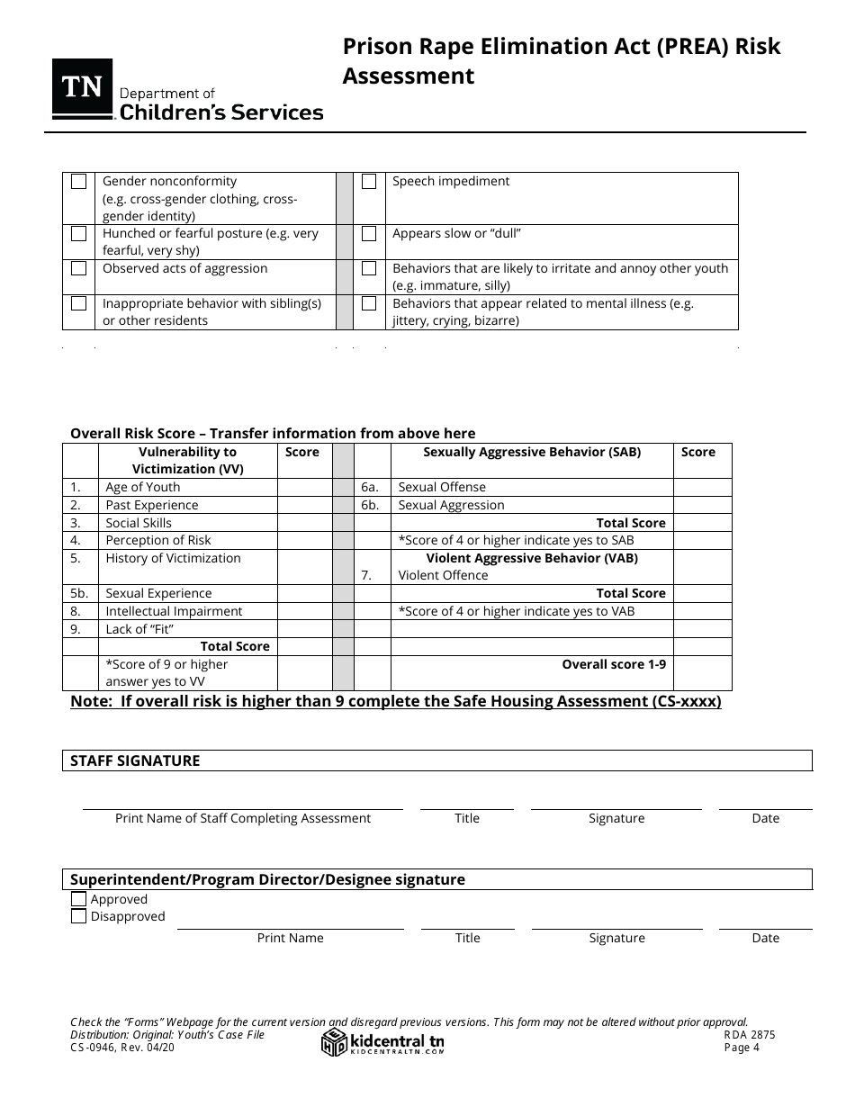 Form CS-0946 Prison Rape Elimination Act (Prea) Risk Assessment - Tennessee, Page 4
