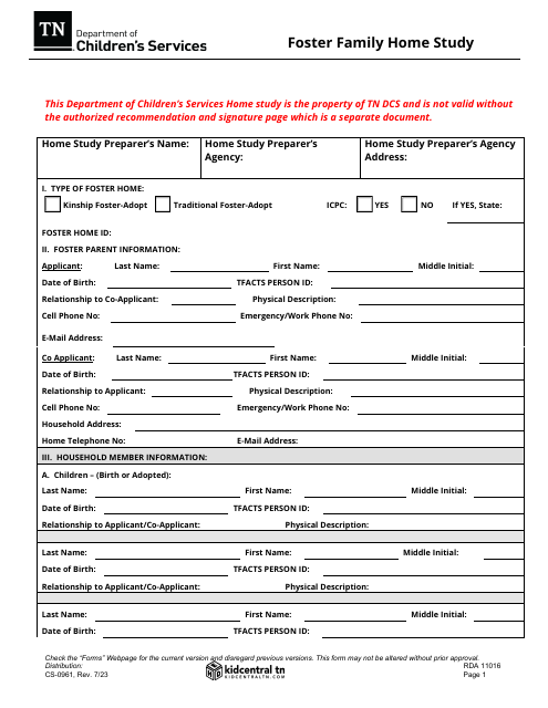 Form CS-0961 Foster Family Home Study - Tennessee