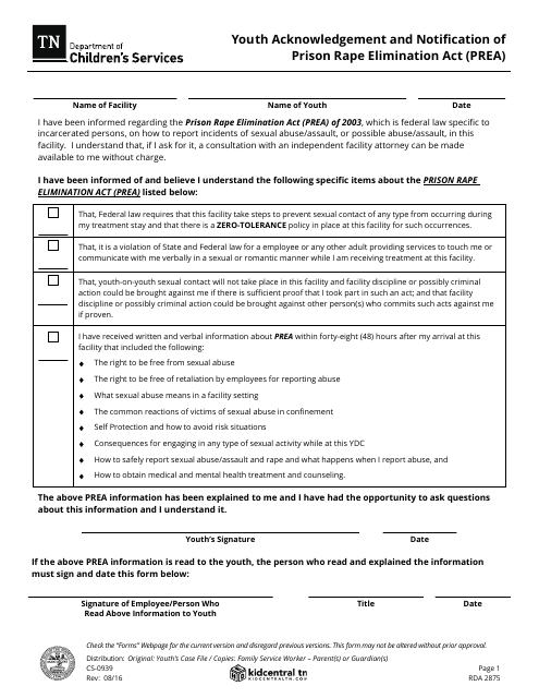 Form CS-0939 Youth Acknowledgement and Notification of Prison Rape Elimination Act (Prea) - Tennessee
