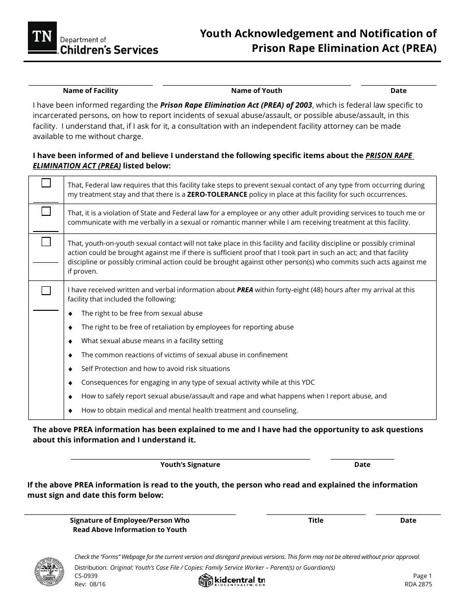 Form CS-0939 Youth Acknowledgement and Notification of Prison Rape Elimination Act (Prea) - Tennessee, Page 1