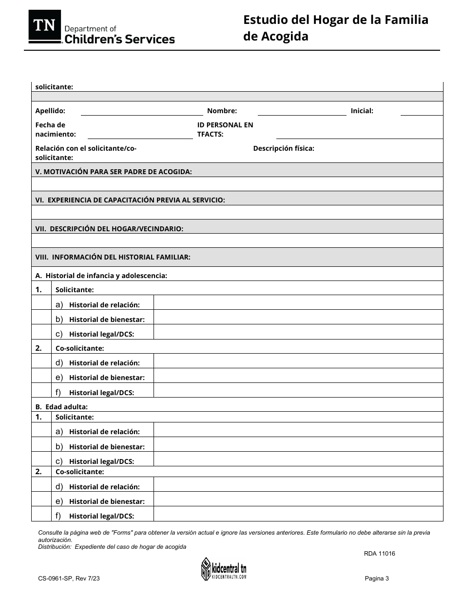 Formulario CS-0961 Estudio Del Hogar De La Familia De Acogida - Tennessee (Spanish), Page 3