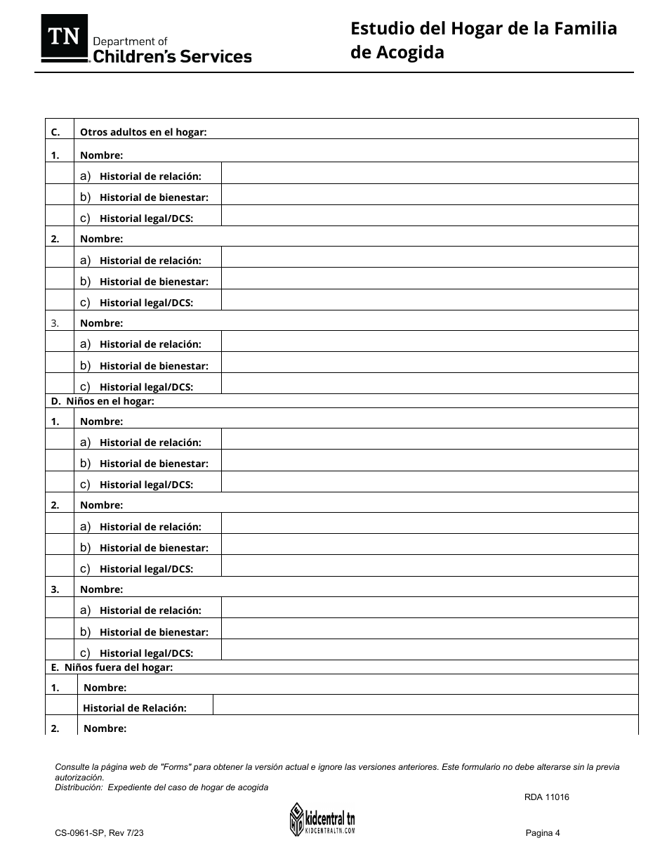 Formulario CS-0961 Estudio Del Hogar De La Familia De Acogida - Tennessee (Spanish), Page 4