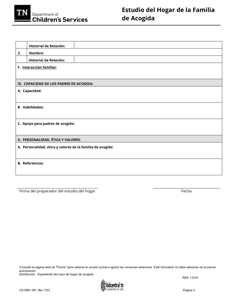 Formulario CS-0961 Estudio Del Hogar De La Familia De Acogida - Tennessee (Spanish), Page 5