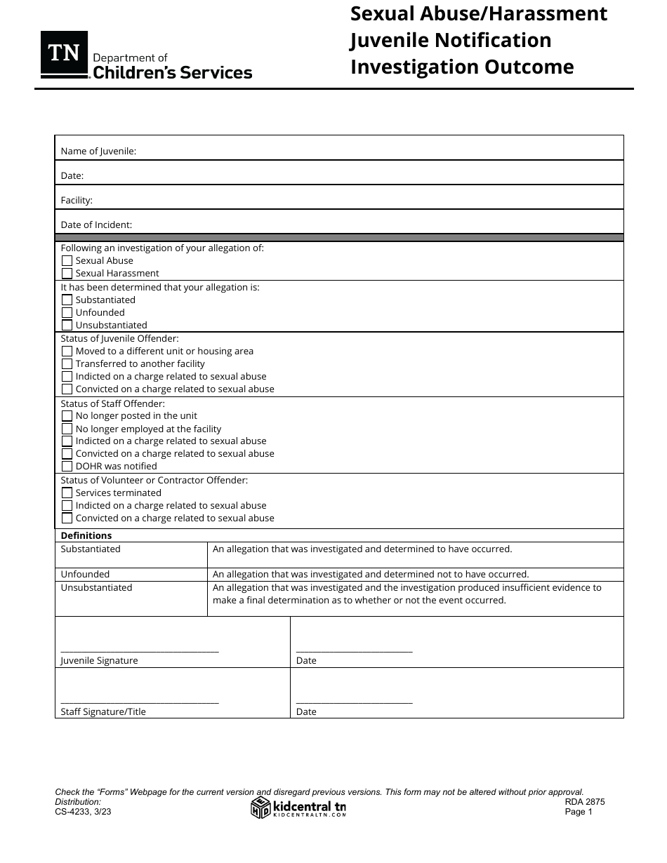 Form CS-4233 Sexual Abuse / Harassment Juvenile Notification Investigation Outcome - Tennessee, Page 1