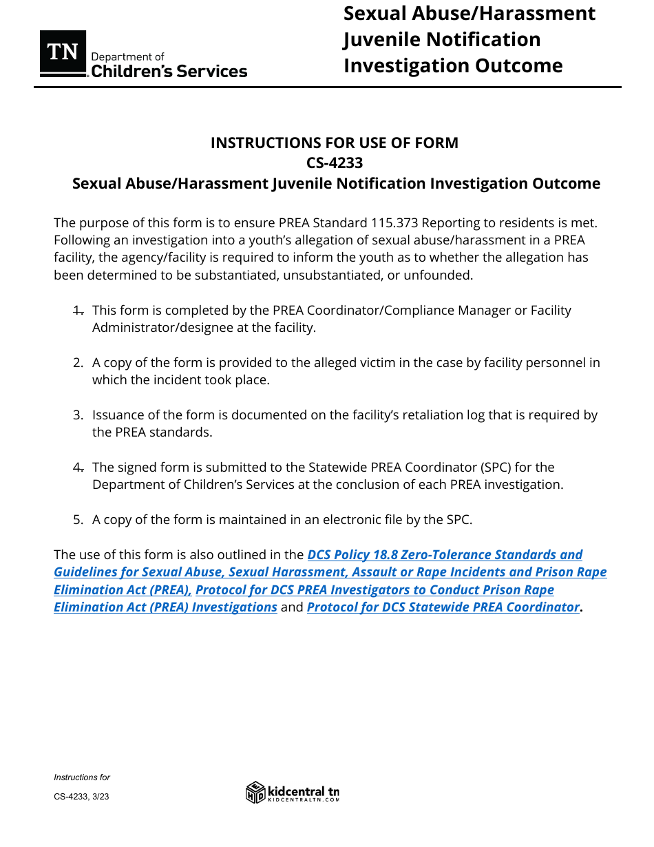 Form CS-4233 Sexual Abuse / Harassment Juvenile Notification Investigation Outcome - Tennessee, Page 2