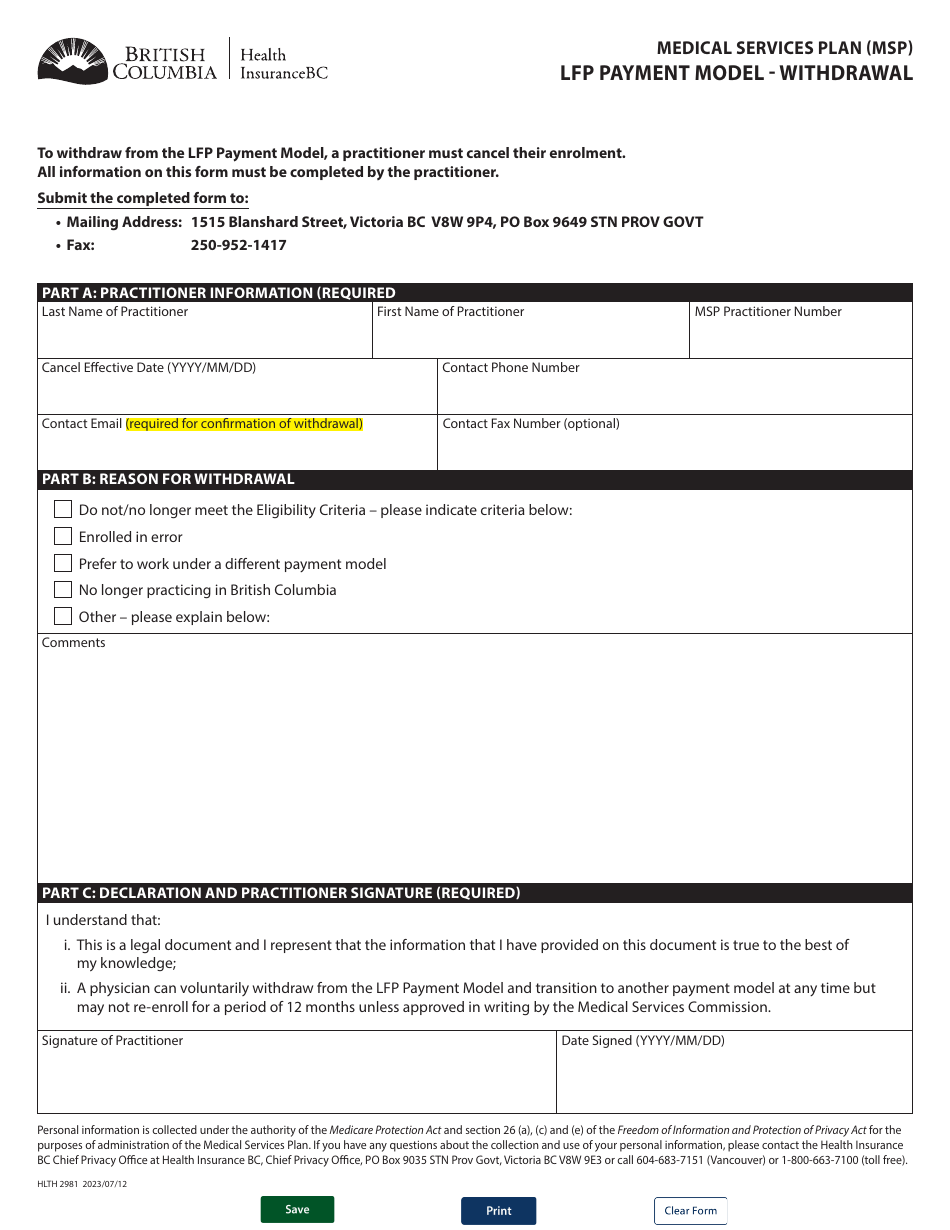 Form HLTH2981 Medical Services Plan (Msp) Lfp Payment Model - Withdrawal - British Columbia, Canada, Page 1