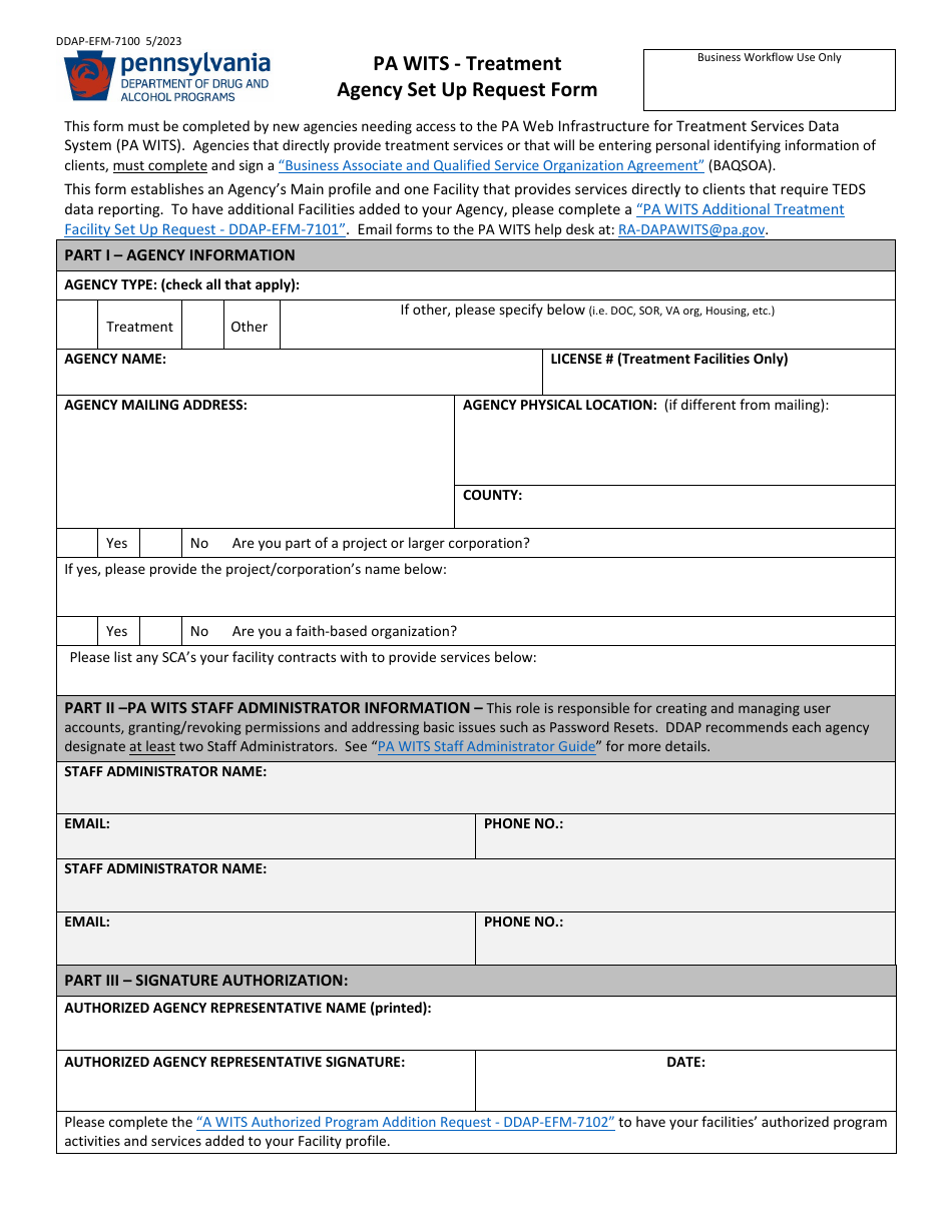 Form DDAP-EFM-7100 Pa Wits - Treatment Agency Set up Request Form - Pennsylvania, Page 1
