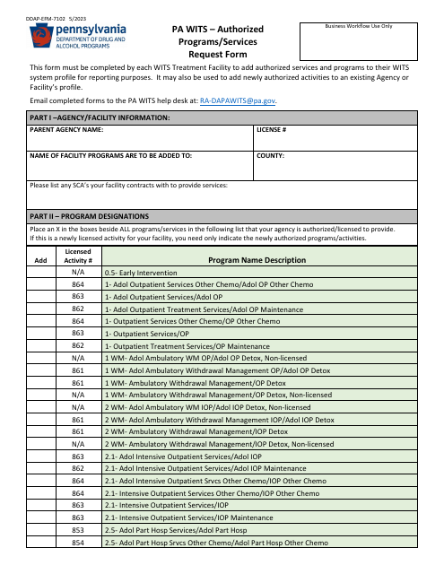 Form DDAP-EFM-7102 Pa Wits - Authorized Programs/Services Request Form - Pennsylvania