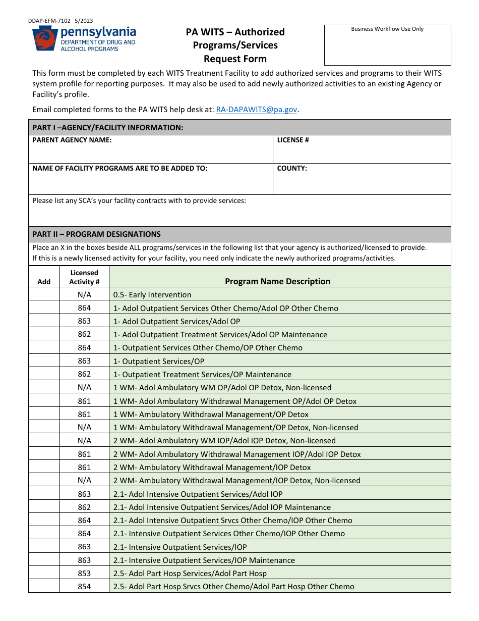 Form DDAP-EFM-7102 Pa Wits - Authorized Programs / Services Request Form - Pennsylvania, Page 1