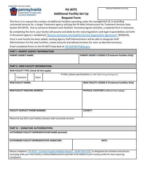 Form DDAP-EFM-7101 Pa Wits - Additional Facility Set up Request Form - Pennsylvania