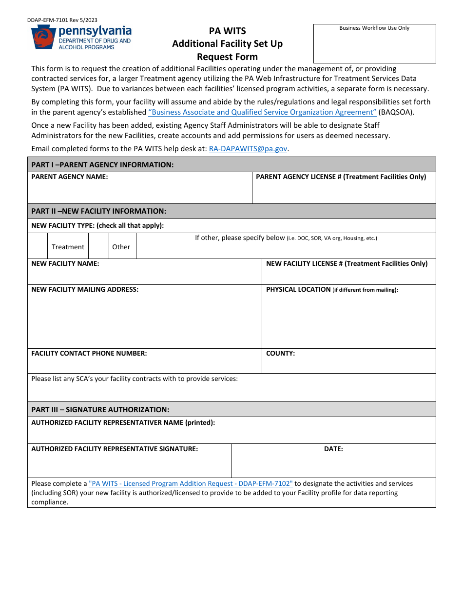 Form DDAP-EFM-7101 Pa Wits - Additional Facility Set up Request Form - Pennsylvania, Page 1