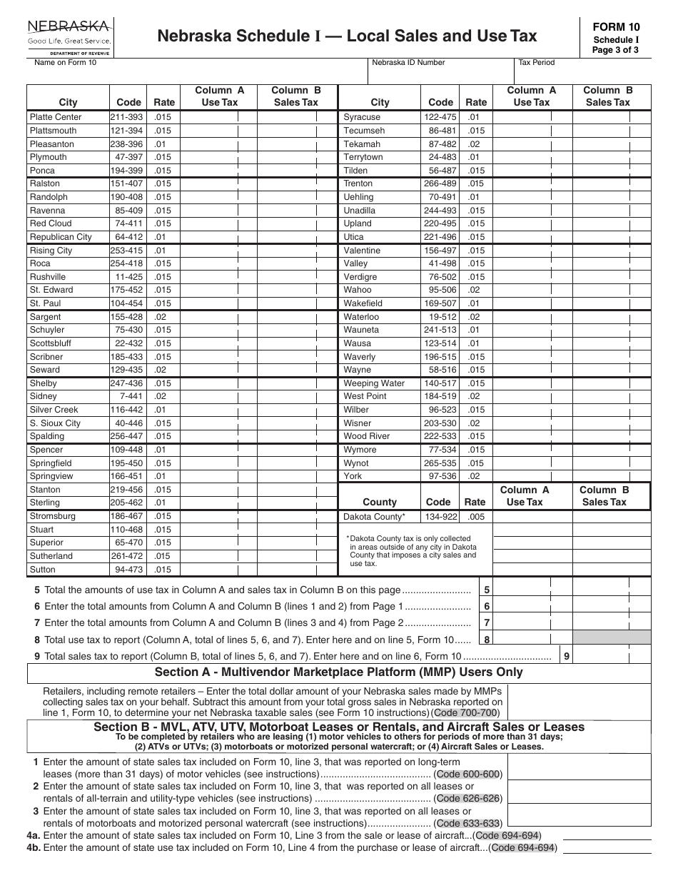 Form 10 Schedule I Local Sales and Use Tax - Nebraska, Page 3