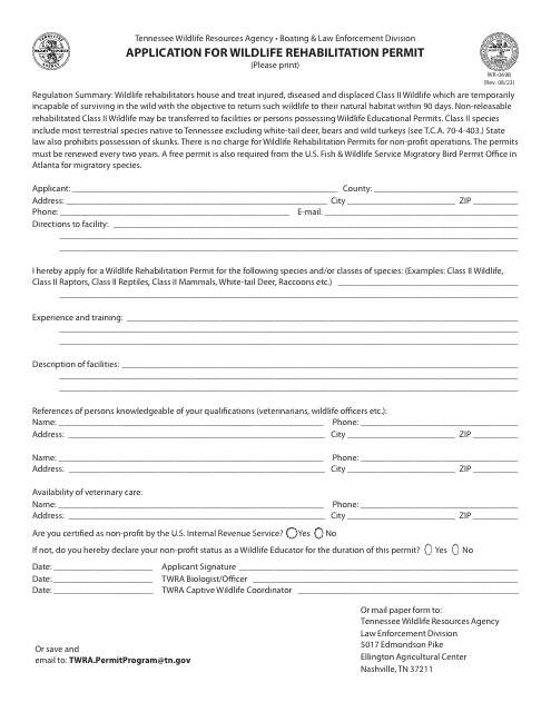 Form WR-0698 Application for Wildlife Rehabilitation Permit - Tennessee