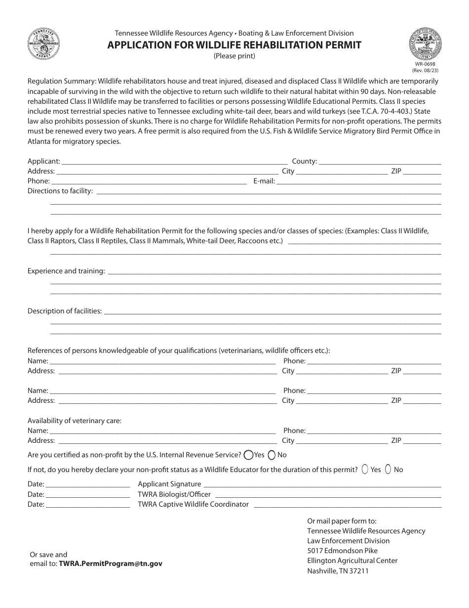 Form WR-0698 Application for Wildlife Rehabilitation Permit - Tennessee, Page 1