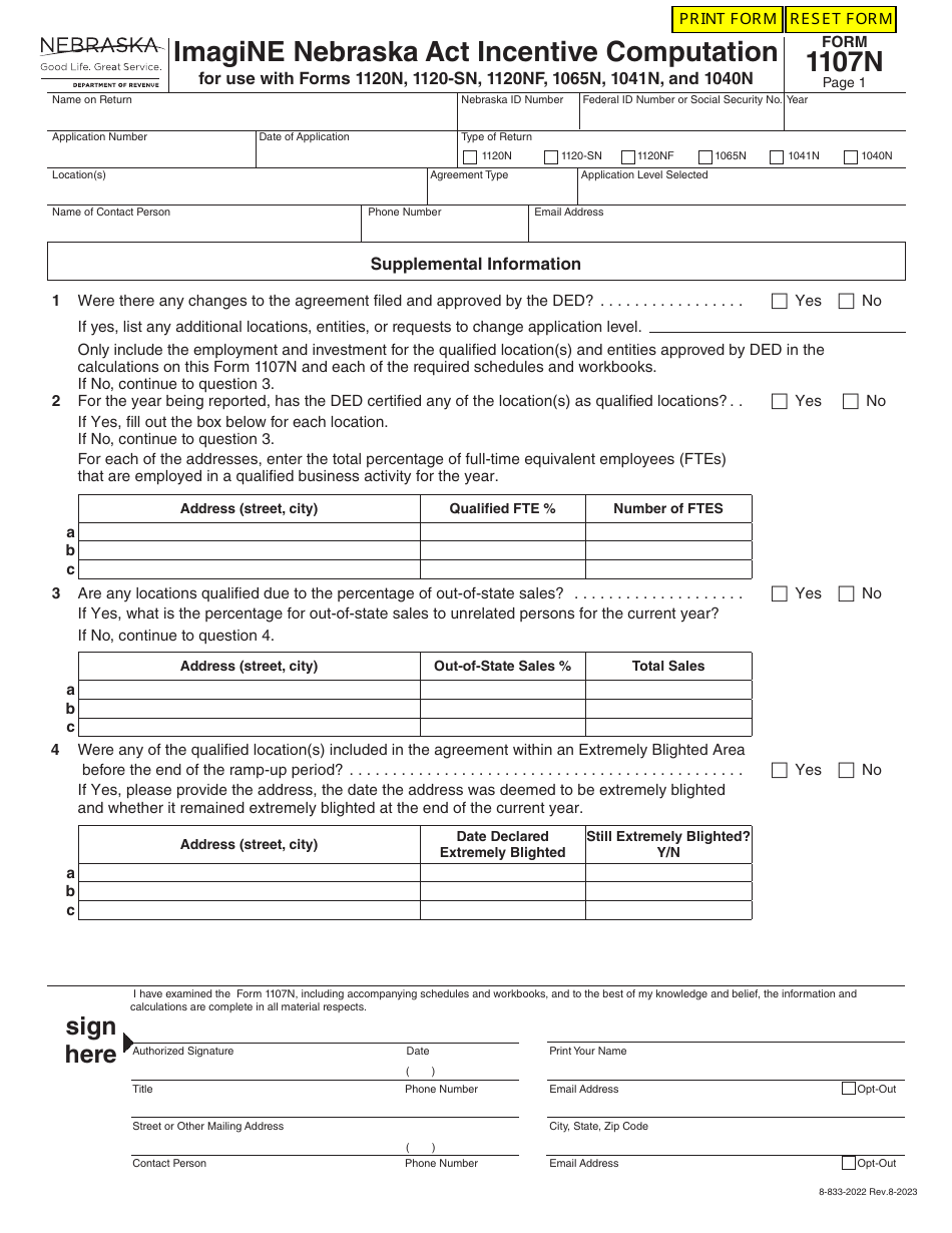 Form 1107N Imagine Nebraska Act Incentive Computation - Nebraska, Page 1