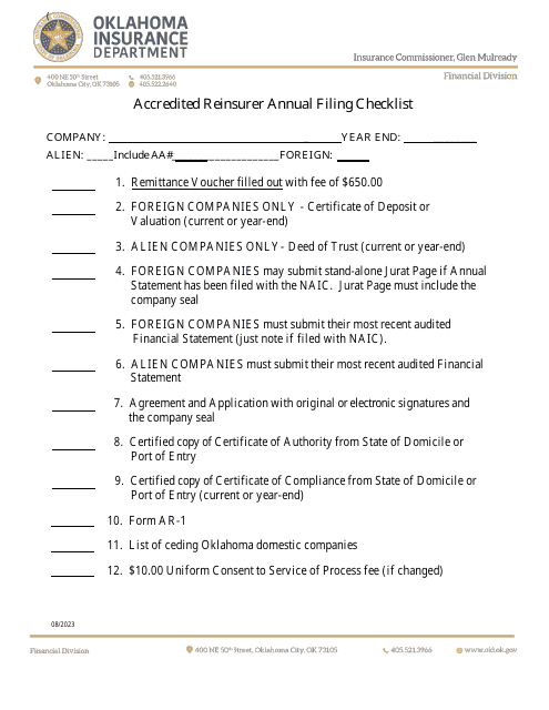 Accredited Reinsurer Annual Filing Checklist - Oklahoma