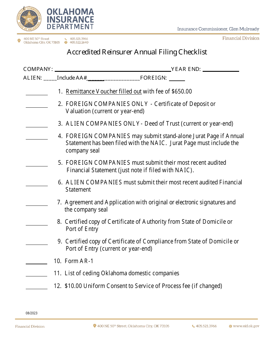 Accredited Reinsurer Annual Filing Checklist - Oklahoma, Page 1