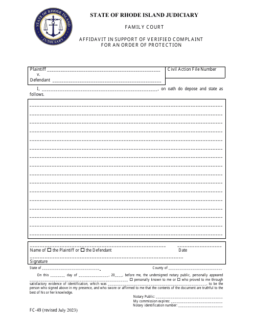 Form FC-49 Affidavit in Support of Verified Complaint for an Order of Protection - Rhode Island