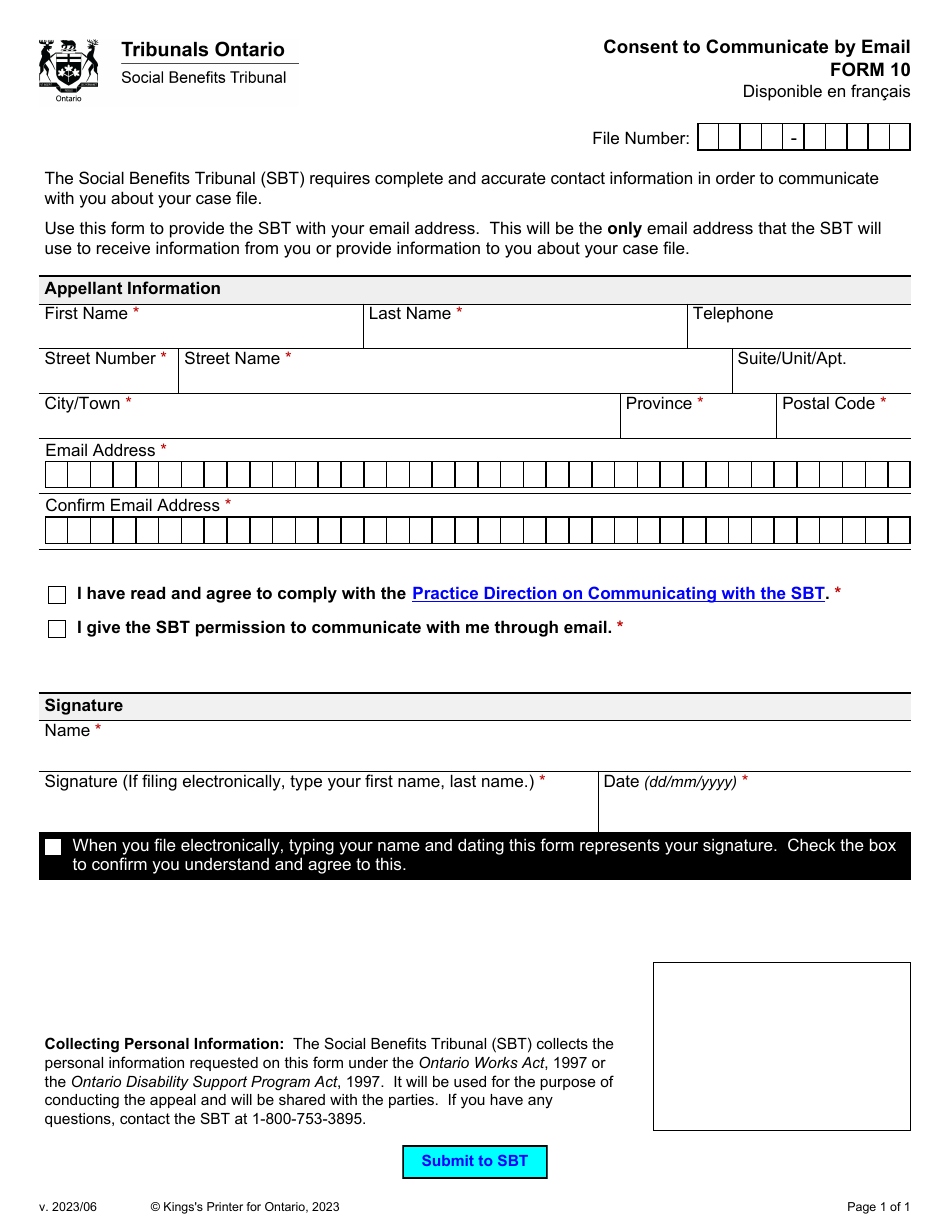 Form 10 Consent to Communicate by Email - Ontario, Canada, Page 1