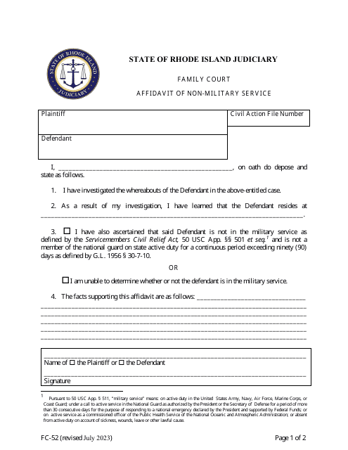 Form FC-52 Affidavit of Non-military Service - Rhode Island