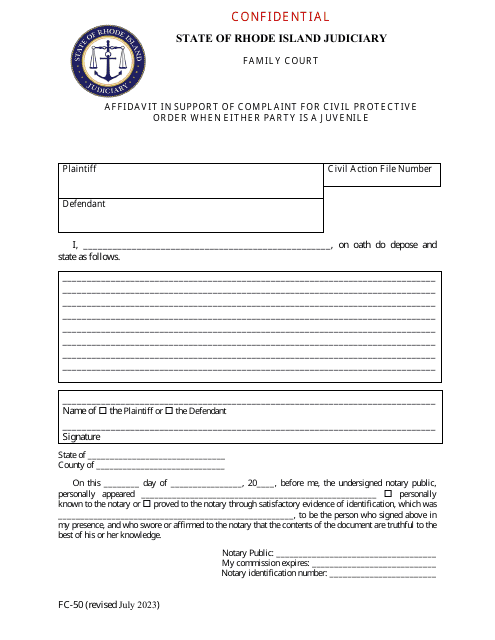 Form FC-50 Affidavit in Support of Complaint for Civil Protective Order When Either Party Is a Juvenile - Rhode Island