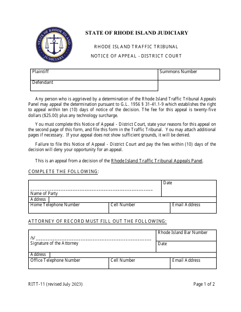 Form RITT-11 Notice of Appeal - District Court - Rhode Island