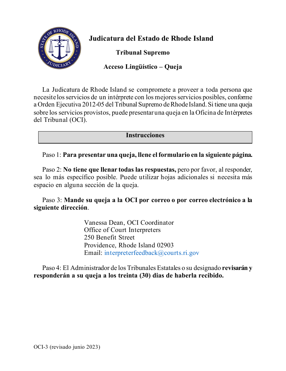 Formulario OCI-3 Acceso Linguistico - Queja - Rhode Island (Spanish), Page 1