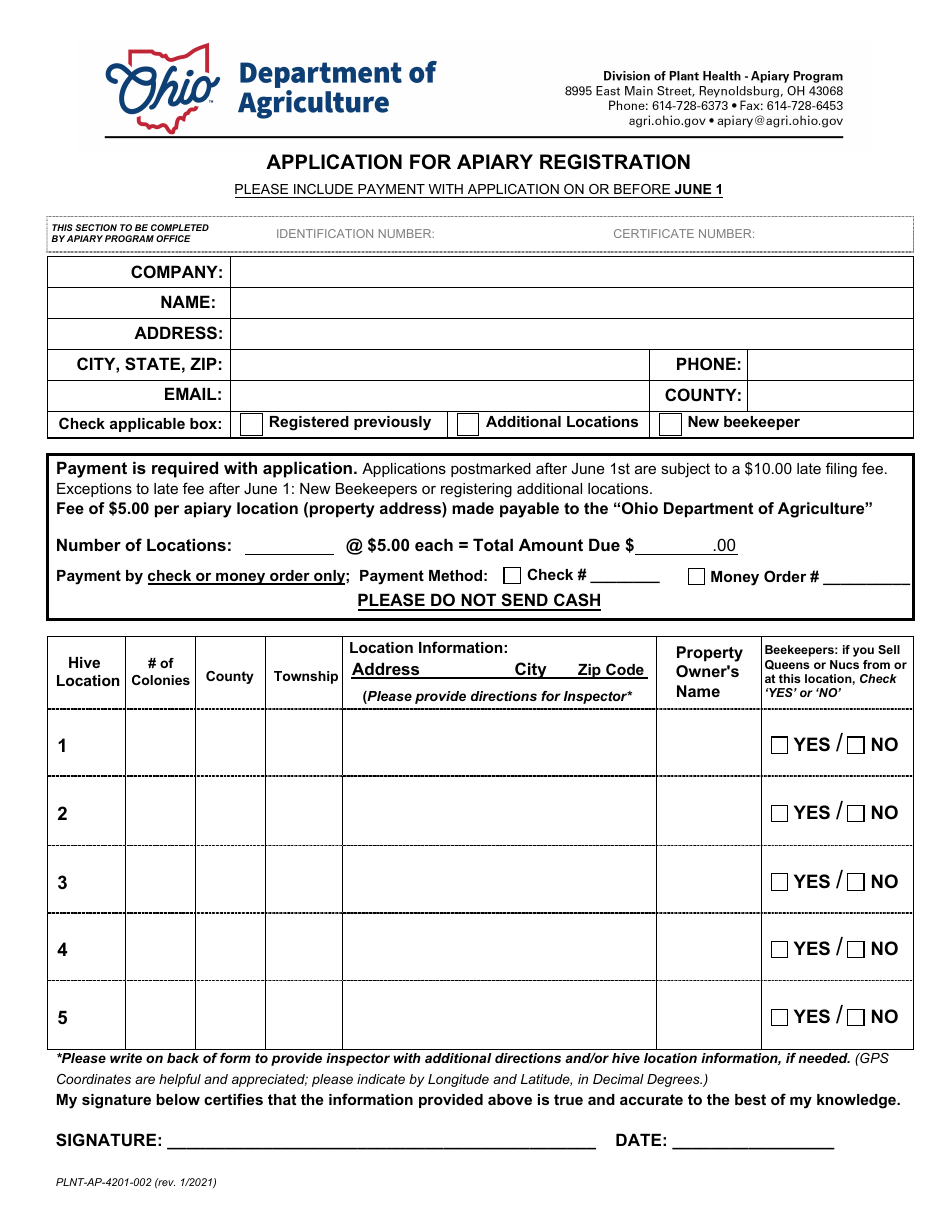 Form PLNT-AP-4201-002 Application for Apiary Registration - Ohio, Page 1