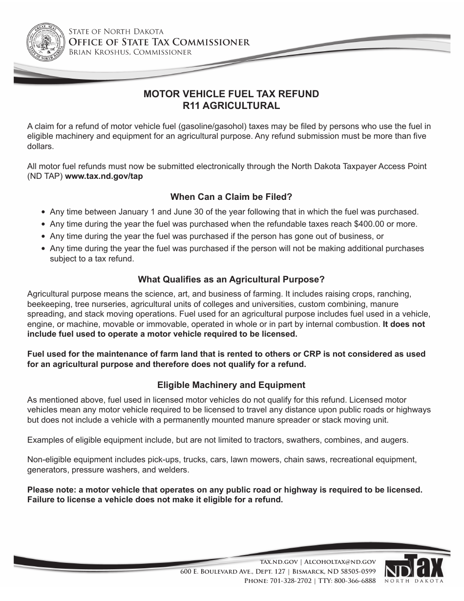Instructions for Form R11 Motor Vehicle Fuel Tax Claim for Refund - Agricultural - North Dakota, Page 1