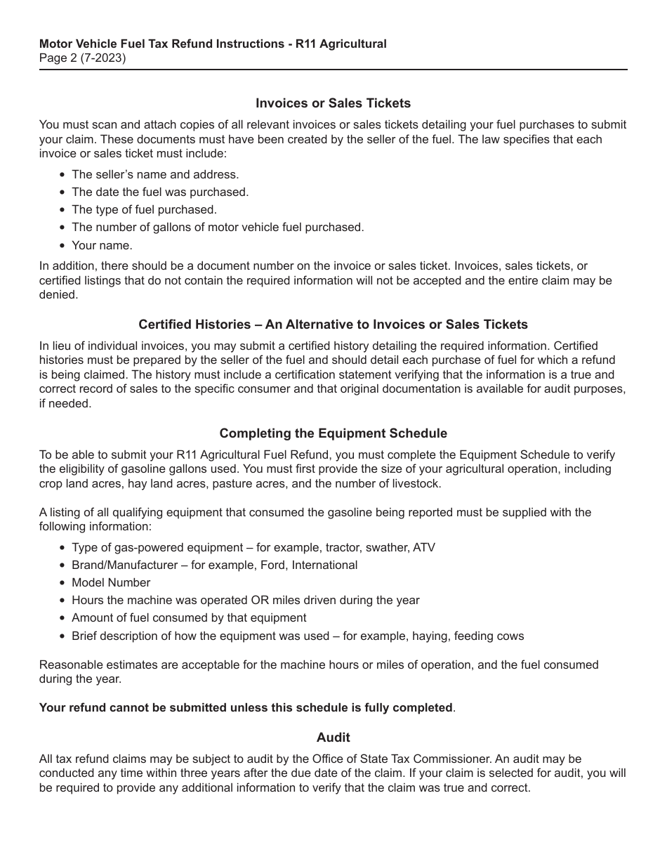 Instructions for Form R11 Motor Vehicle Fuel Tax Claim for Refund - Agricultural - North Dakota, Page 2
