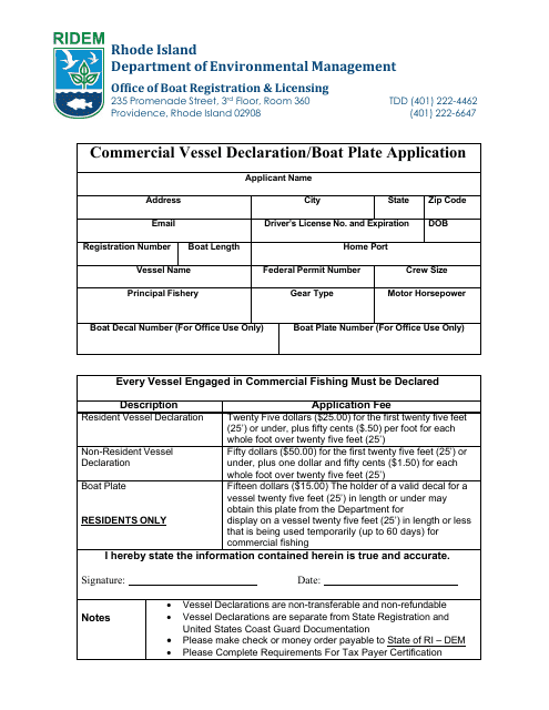 Commercial Vessel Declaration / Boat Plate Application - Rhode Island Download Pdf