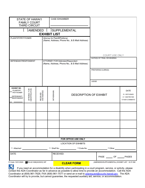 Form 3C-P-552 Amended/Supplemental Exhibit List - Hawaii