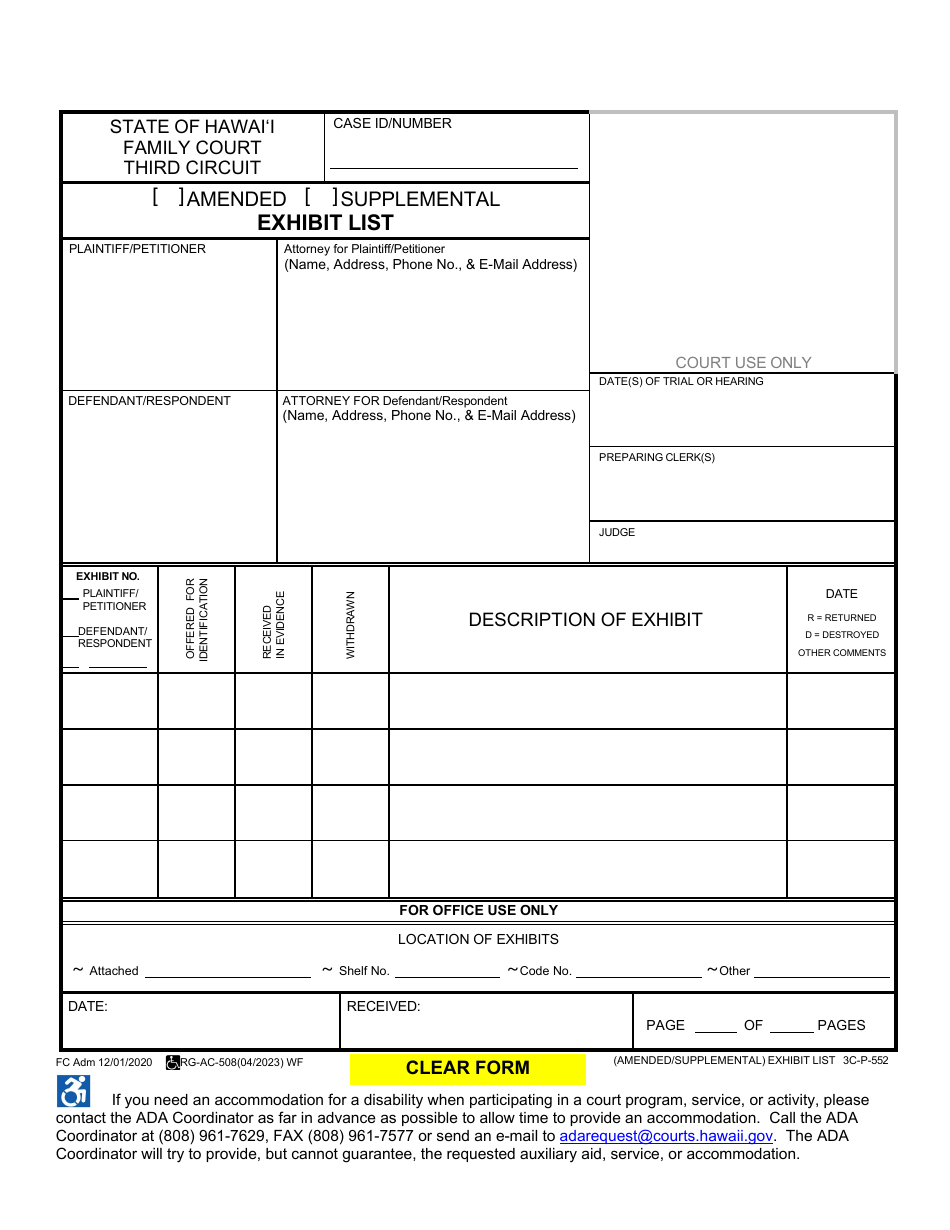 Form 3C-P-552 Amended / Supplemental Exhibit List - Hawaii, Page 1